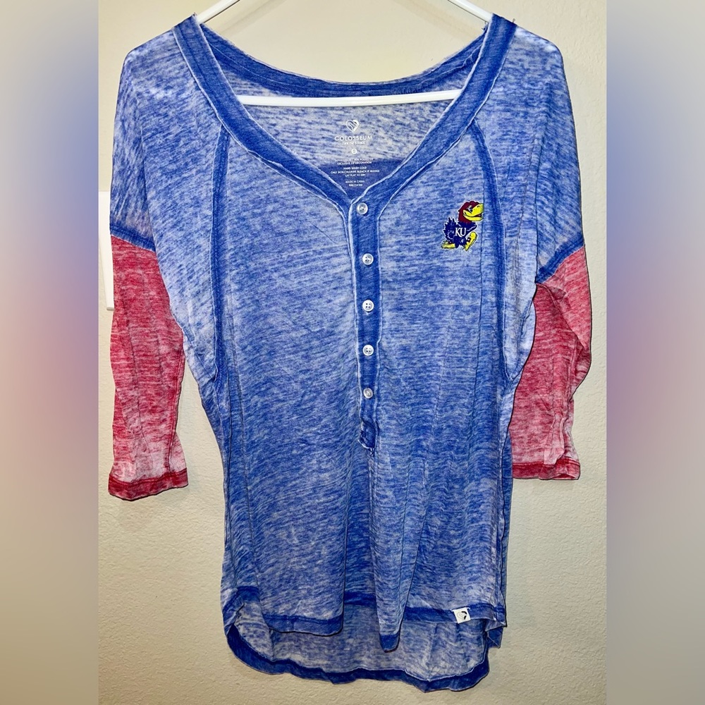 Colosseum Kansas Jayhawks Burnout Quarter Sleeve Tshirt Sz S